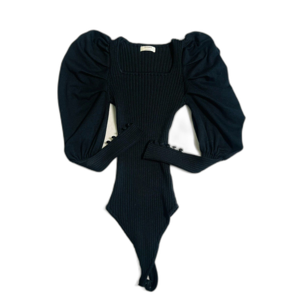 Thinkable Black Sweater Puff Sleeve Bodysuit Large Rusched Whimsigoth Cozy